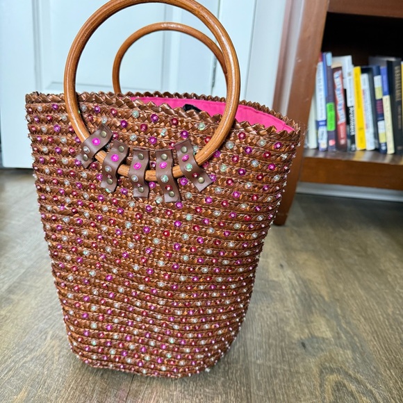 Victoria's Secret Handbags - Victoria's Secret Brown Tote with Pink Beads